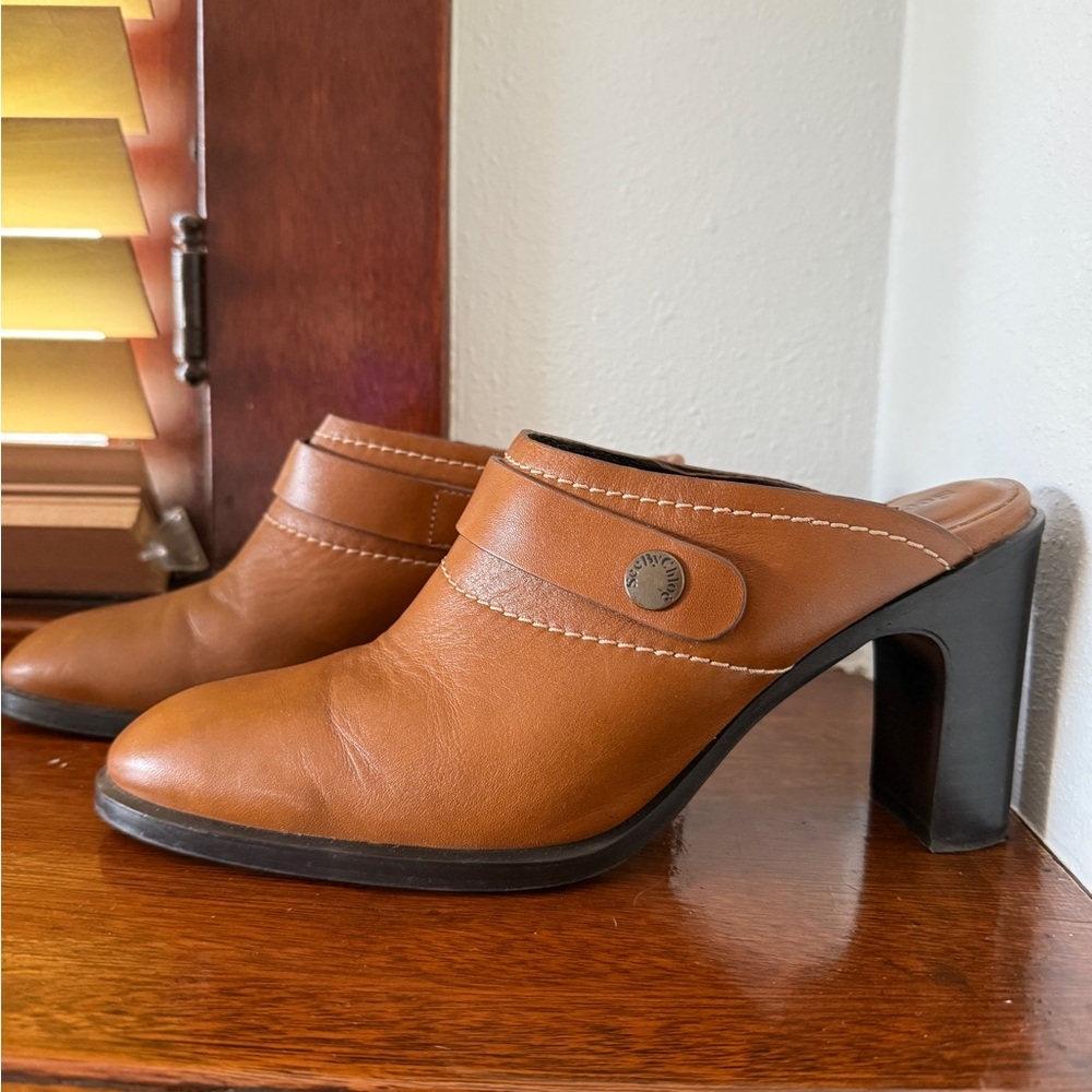 See by Chloé Cognac Leather Mule Heels with Contrast Stitching